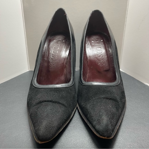 TOD'S Classic Black Suede Leather Trim Pumps Pointed Toe Slip On Heel Sz 37-US 7 - Picture 4 of 15